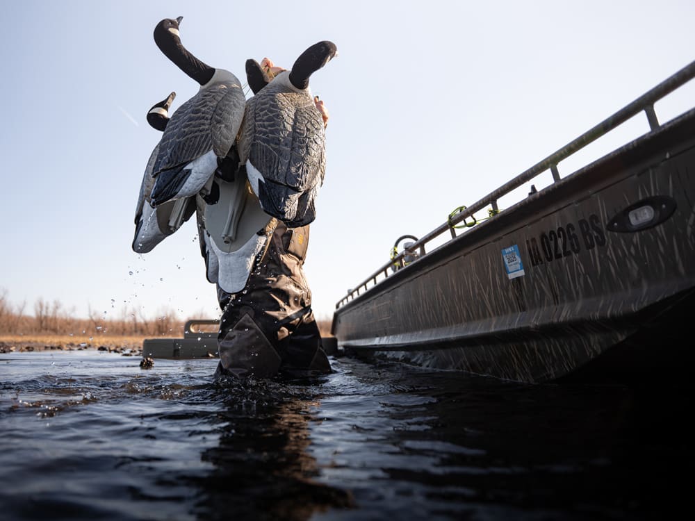 Hardcore Canada goose floater decoys slung out of the water beside a duck boat